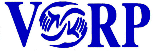 VORP logo. Logo is the initials VORP with two reaching hands forming the O.